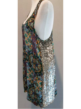 CREATIVE COMMUNE-Tribal Silk Print Sequined Artisan Tank Dress LA Designer Sz L